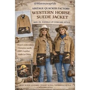 Vintage Quacker Factory Western Horse Suede Jacket Brown Tan Desert Scene 2X